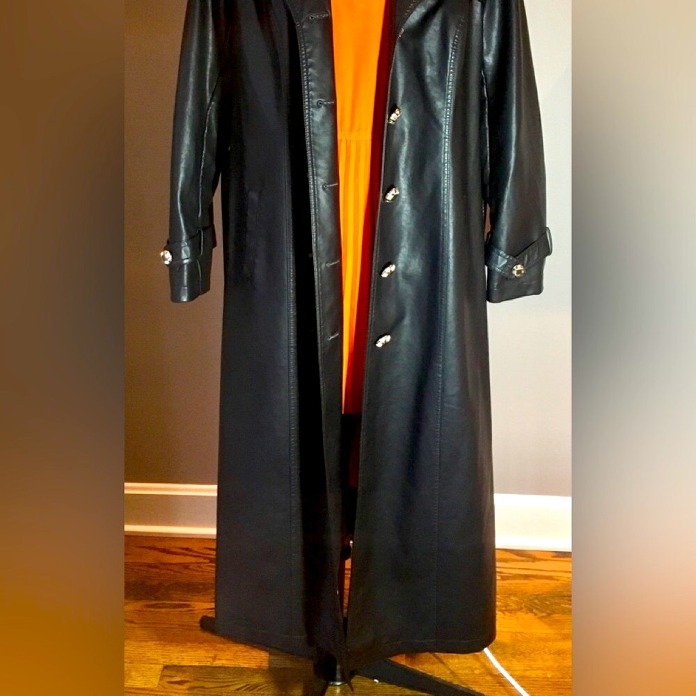 DENNIS BASSO Trench coat Black faux leather Full length Vintage SMALL a Classic - Picture 8 of 17